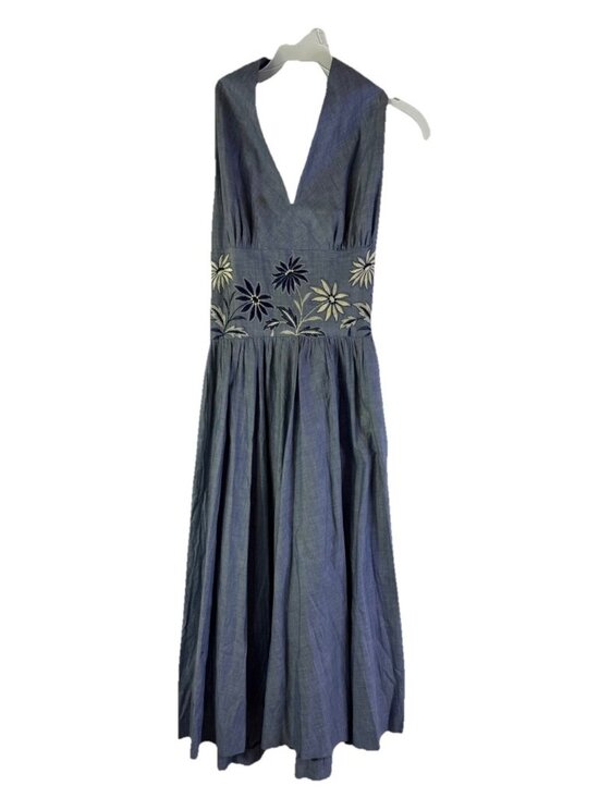 American Vintage Dresses & Skirts - Vintage 50s Pin Up Rockabilly Chambray Floral Embroidered Halter Dress
